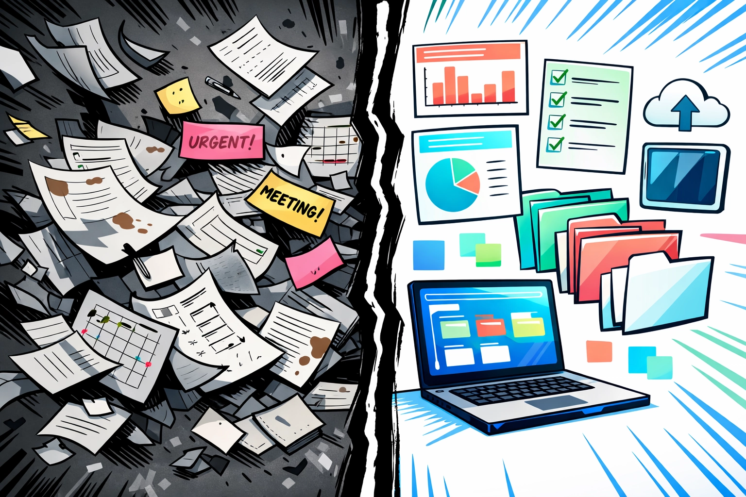 Before and after comparison showing AI transforming chaotic documents into organized files