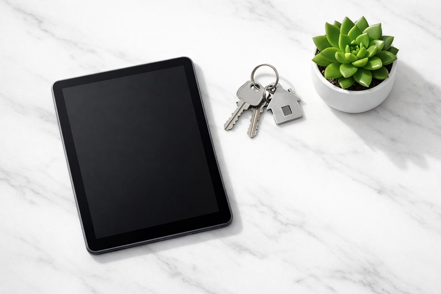 House keys and digital tablet representing fast DSCR loan financing for real estate investors.