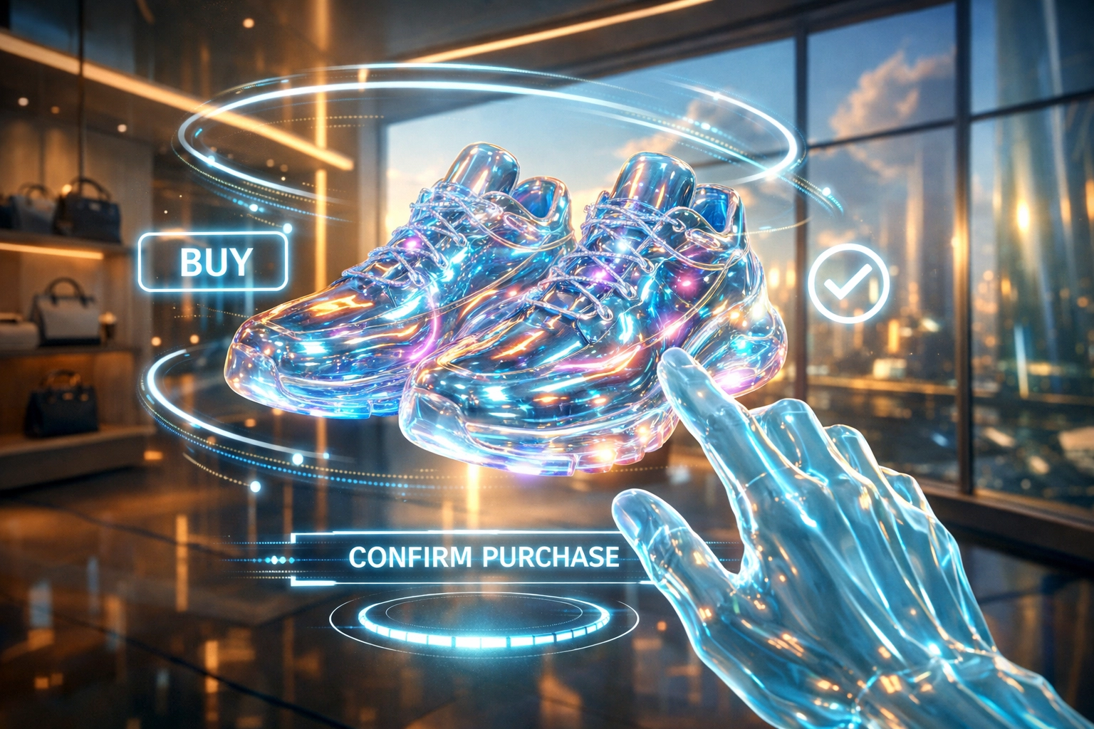 Futuristic metaverse shopping experience showing a gesture-based cryptocurrency checkout in a virtual store.