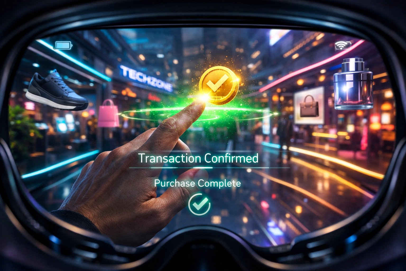 Secure gesture-based cryptocurrency checkout in the metaverse with Larecoin digital wallets.