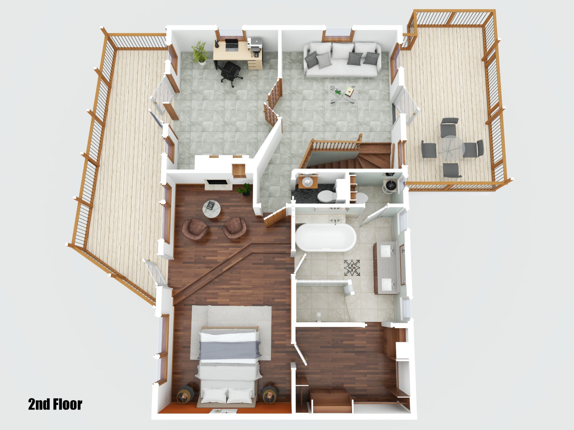 3D rendered floor plan for the second floor