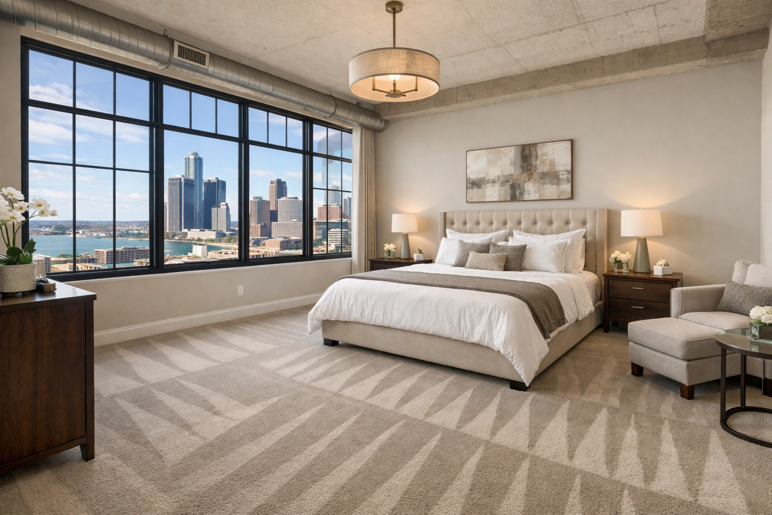 Spotless Detroit loft bedroom with professionally steam-cleaned carpets and high-standard turnover finish.