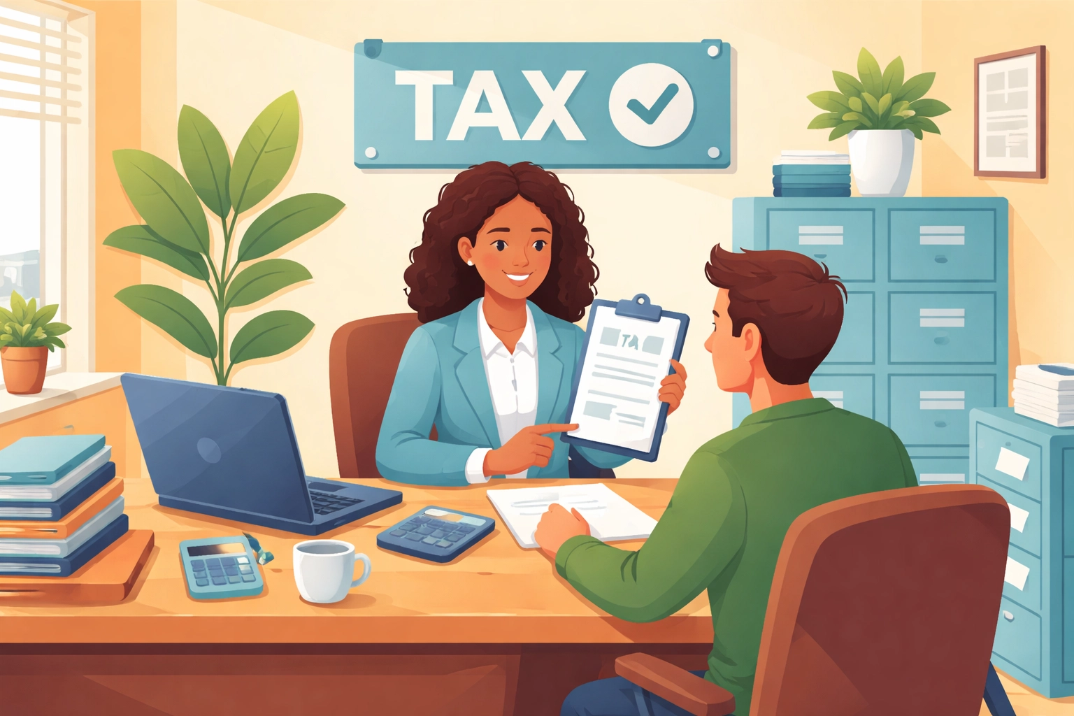 Tax professional assisting client in office with amended tax return support and expert guidance