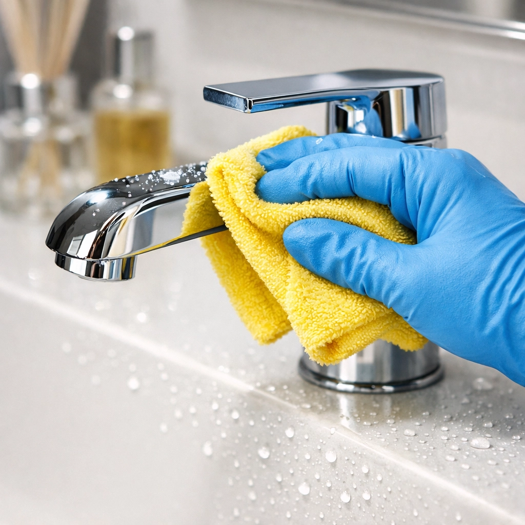 Professional house cleaning Pepperell MA expert sanitizing a modern bathroom vanity and chrome faucet.