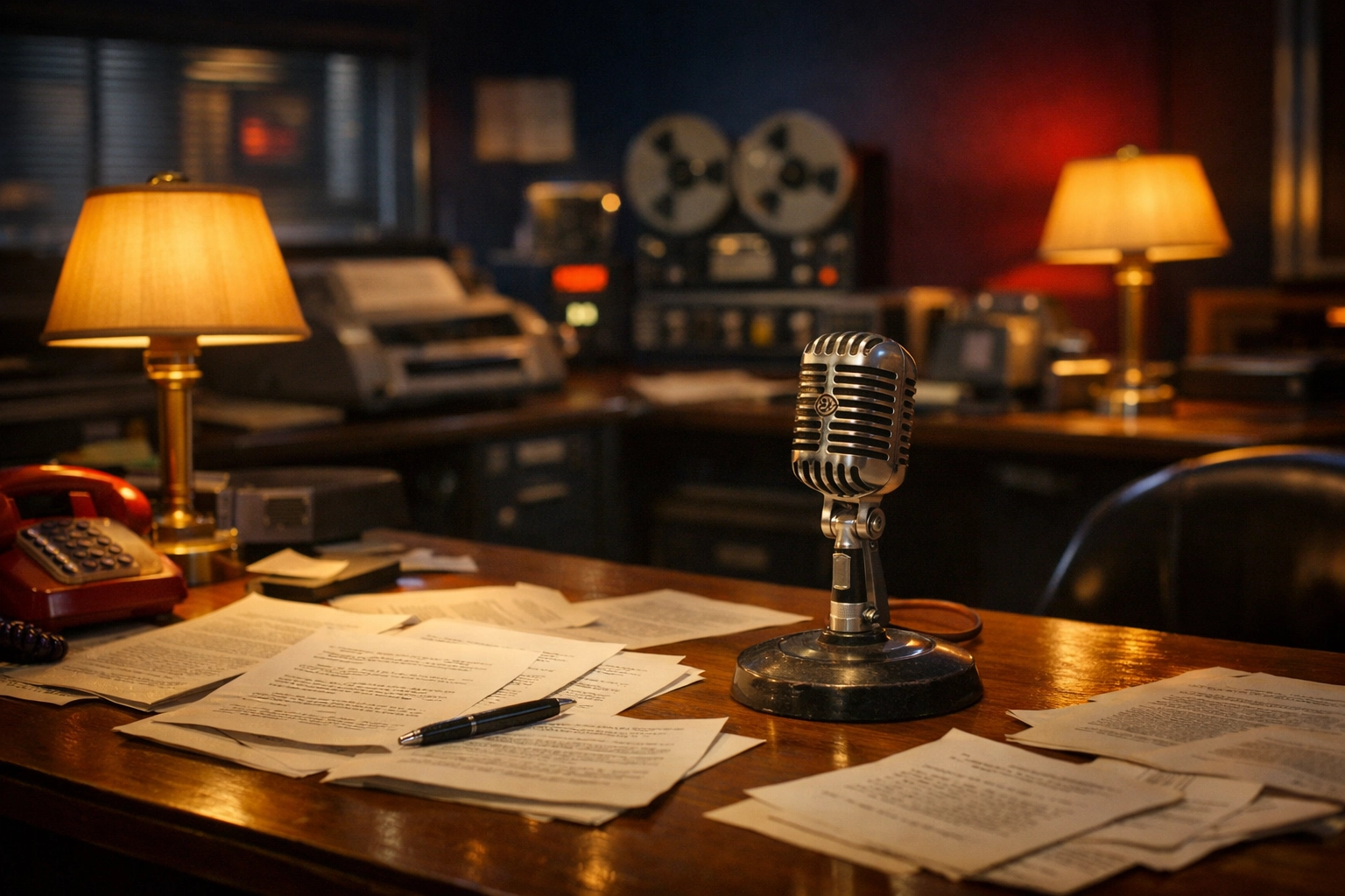 Peaceful vintage newsroom with warm lighting and news printouts on desk