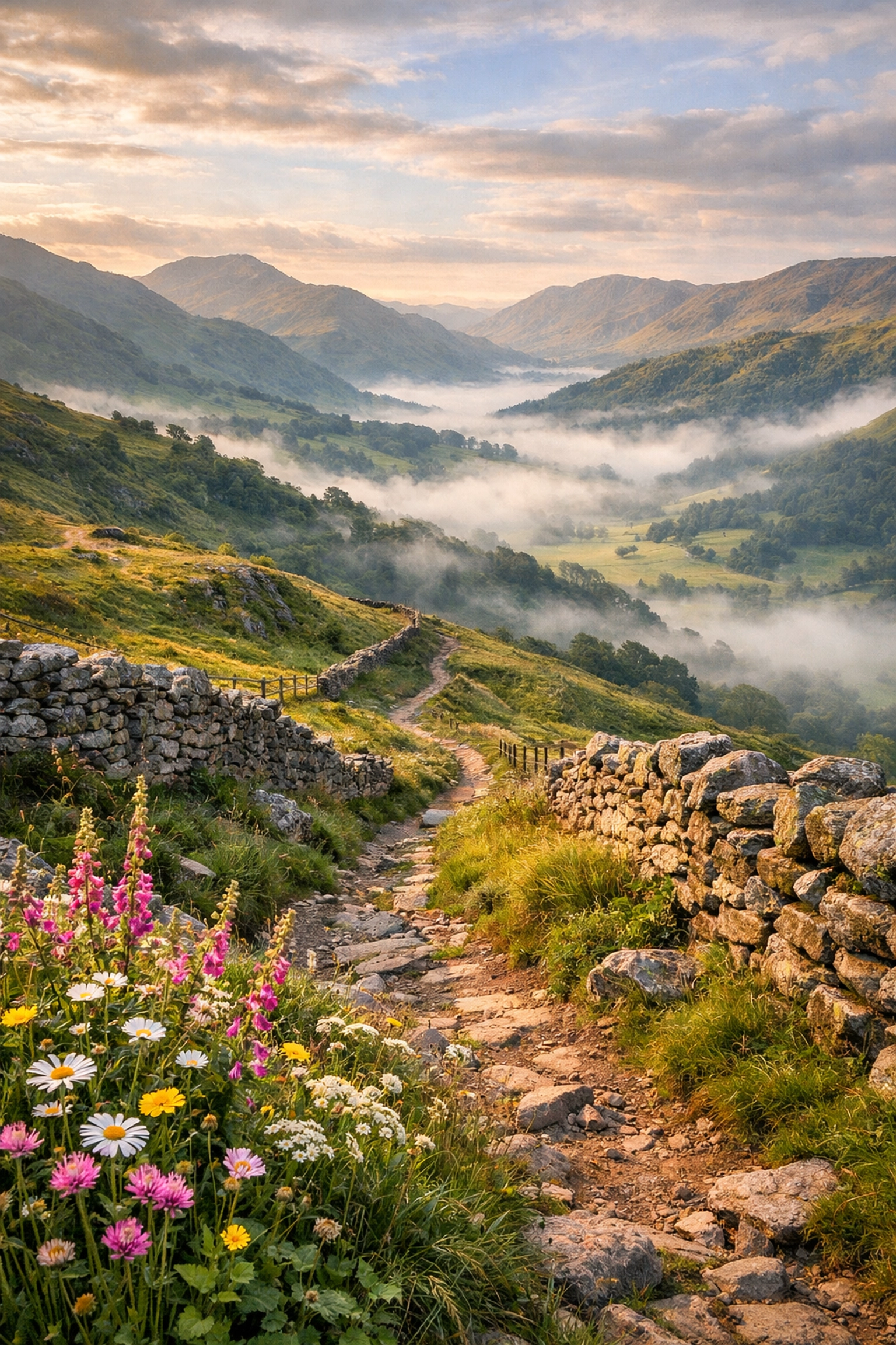 Hidden hiking trail winding through UK countryside with wildflowers and mountains