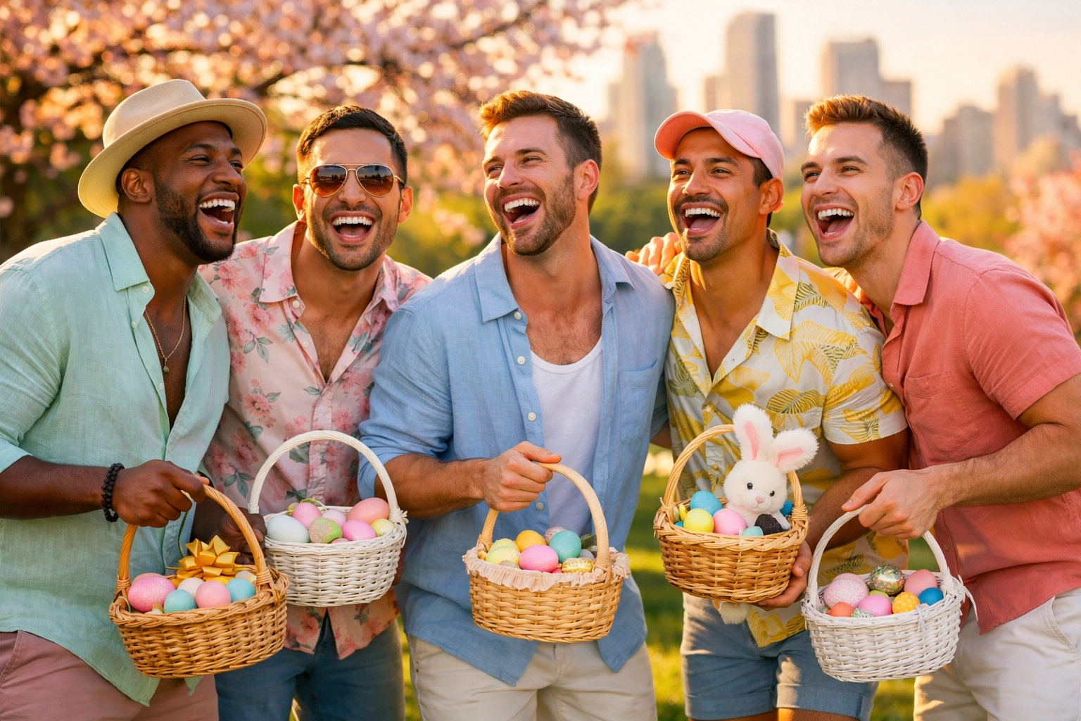 A diverse group of gay men laughing and enjoying an outdoor adult Easter egg hunt.