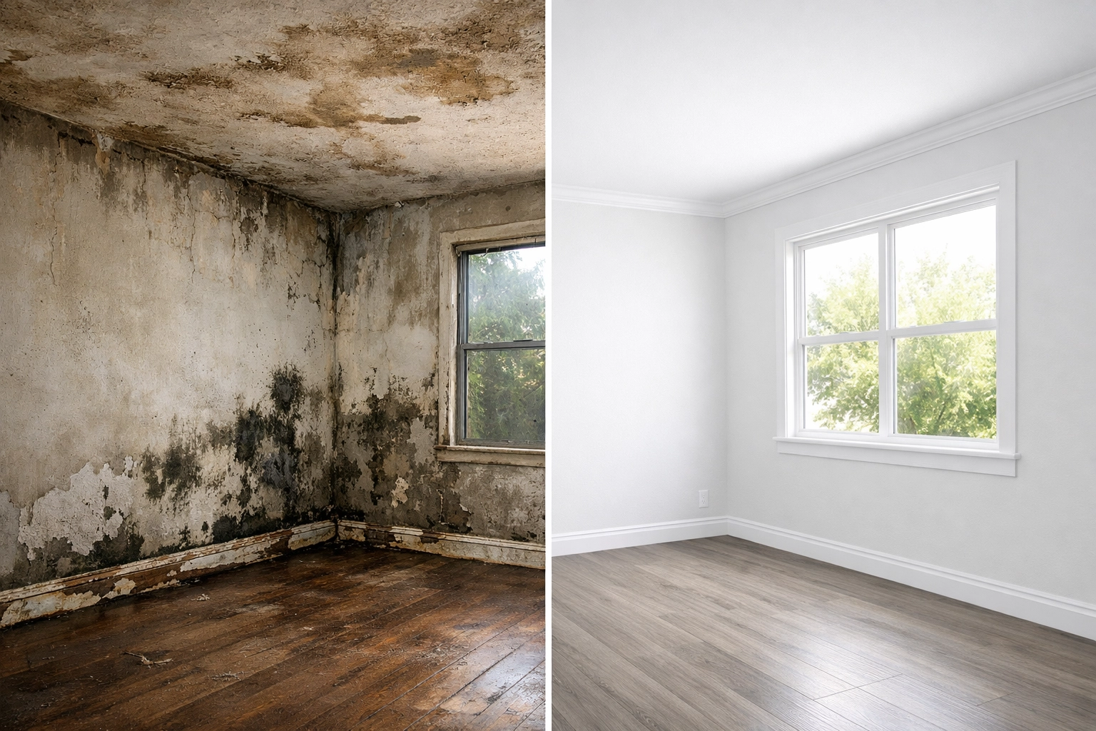 Before and after water damage restoration showing complete room repair and reconstruction