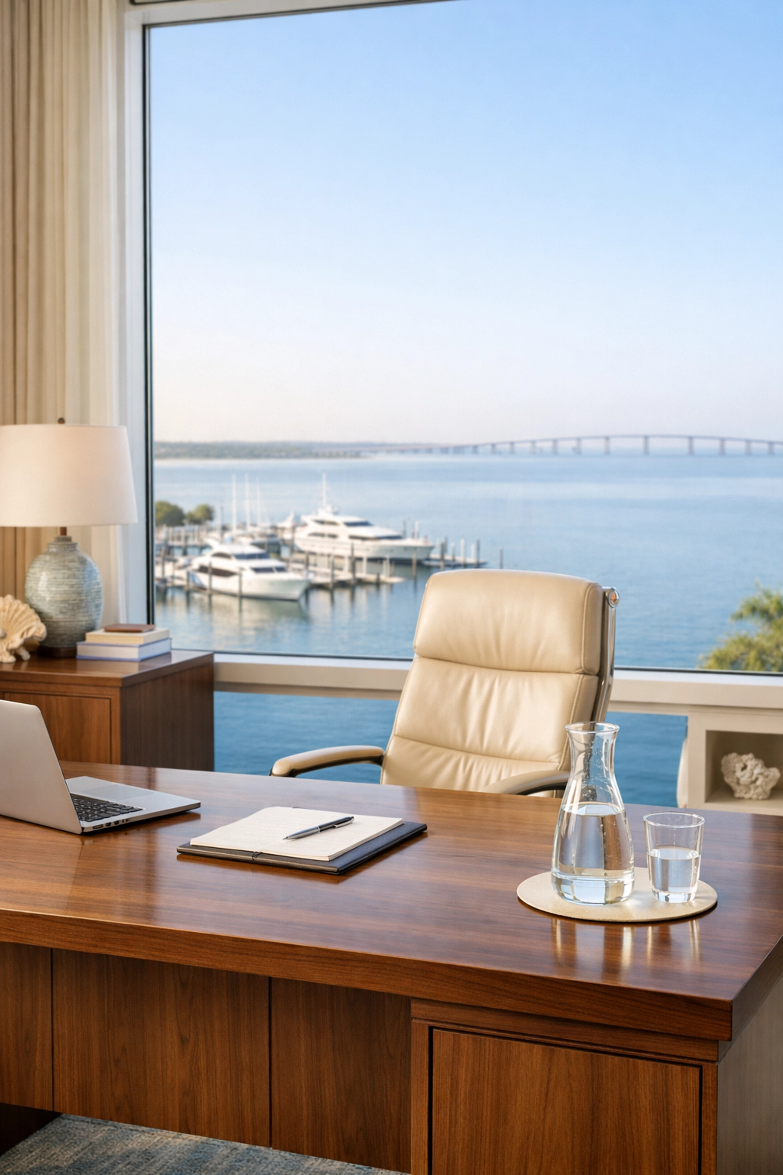 Modern executive office overlooking a Biloxi marina, highlighting Mississippi Gulf Coast business valuation.