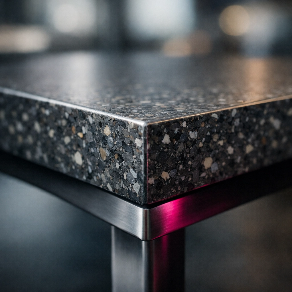 Close-up of a seamless join and dense grain on a finished non-porous recycled plastic benchtop.