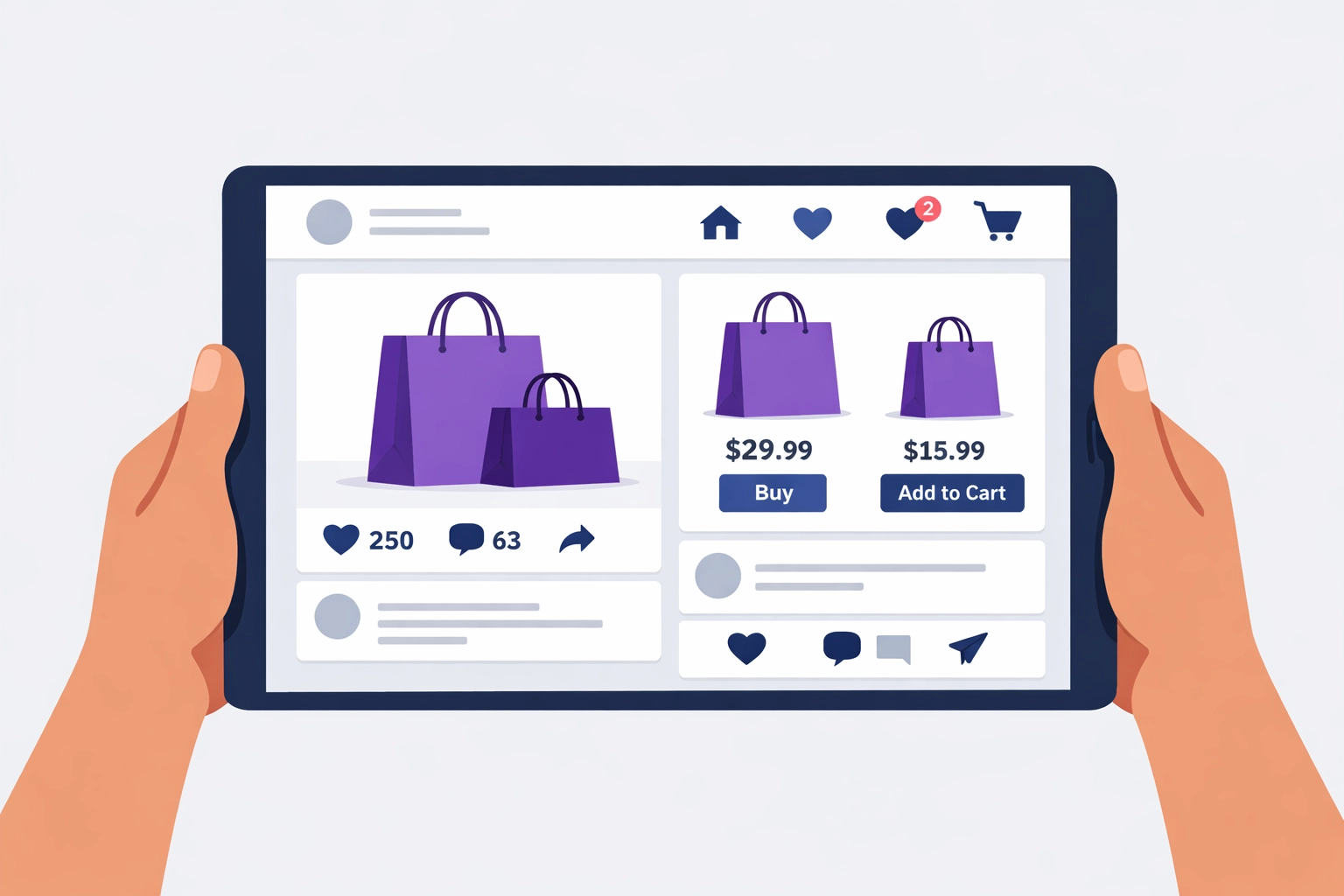 Minimalist tablet interface showing social commerce integration and mobile shopping storefronts.