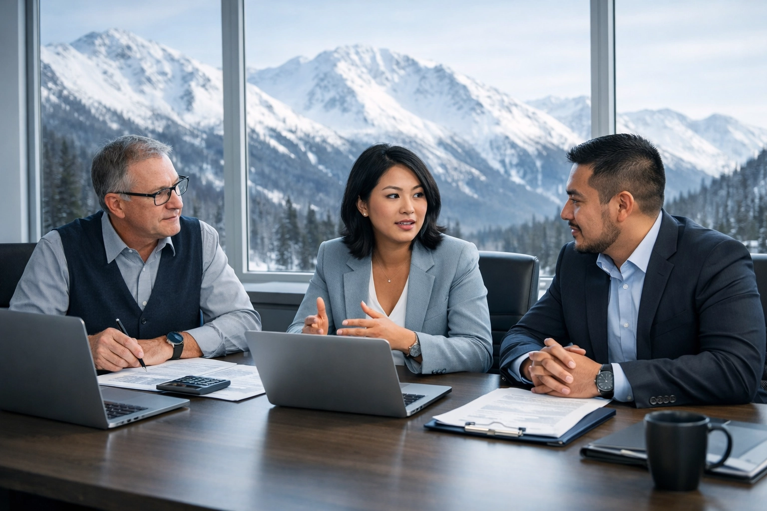 Alaska professionals meeting to discuss E&O insurance coverage in modern office