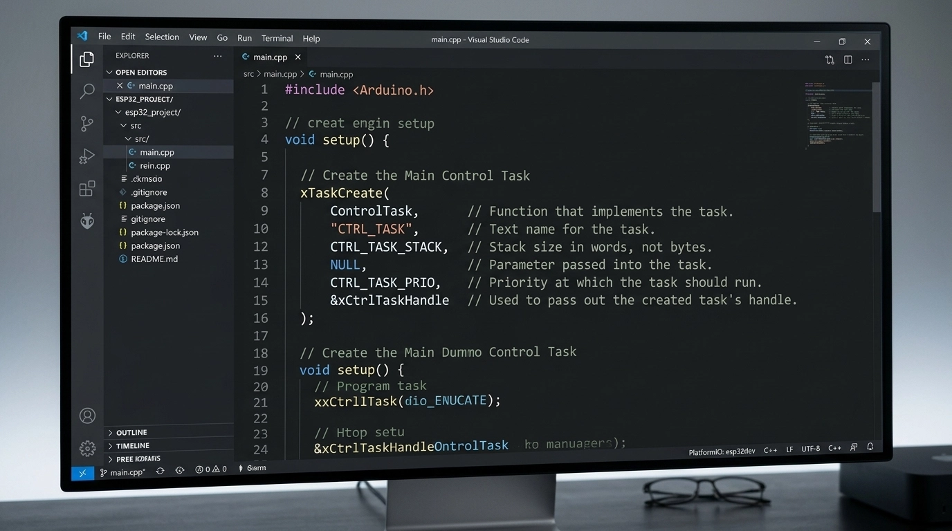 Visual Studio Code interface showing clean C++ firmware code for ESP32
