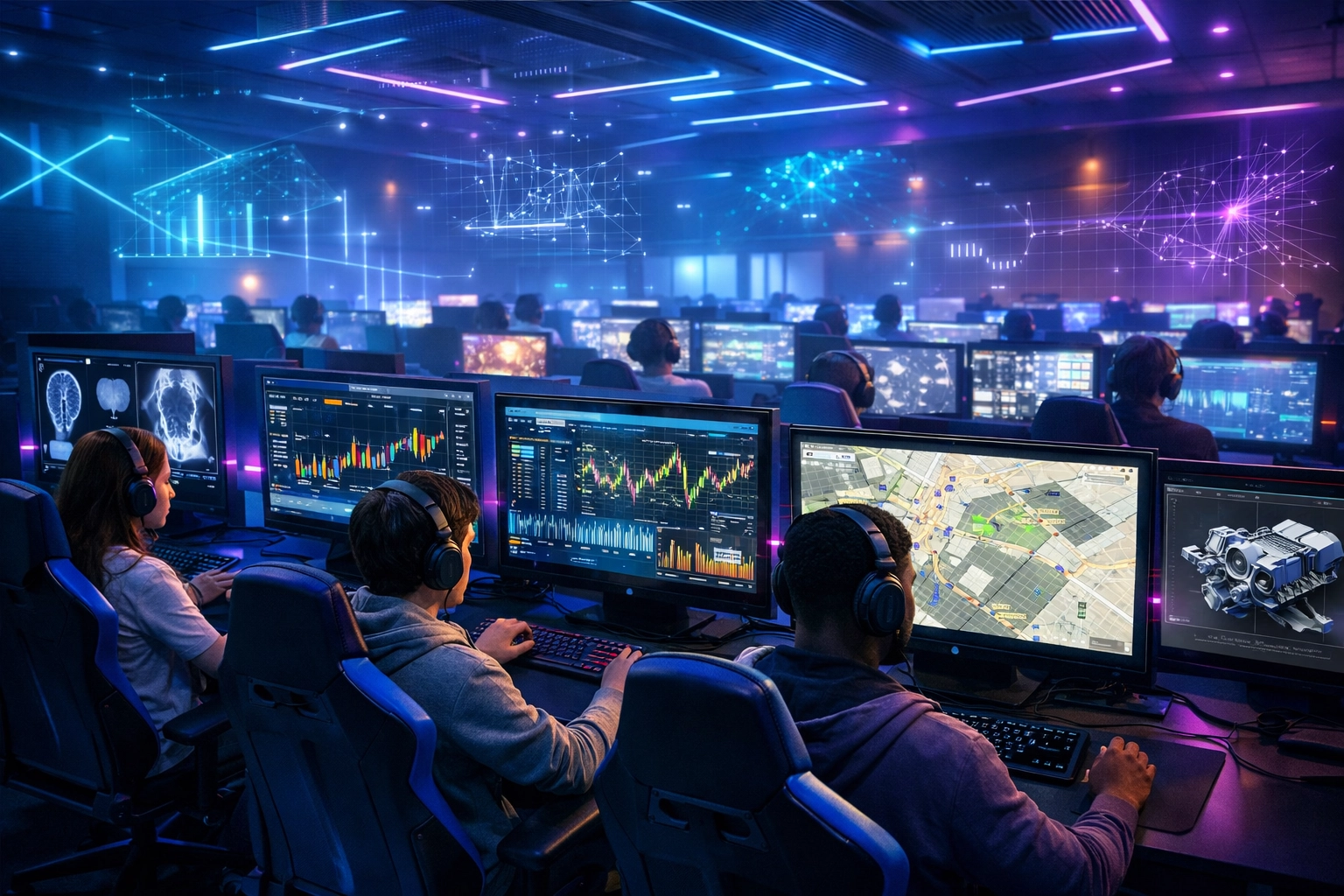 High school students using industry simulation stations in modern esports lab for workforce training