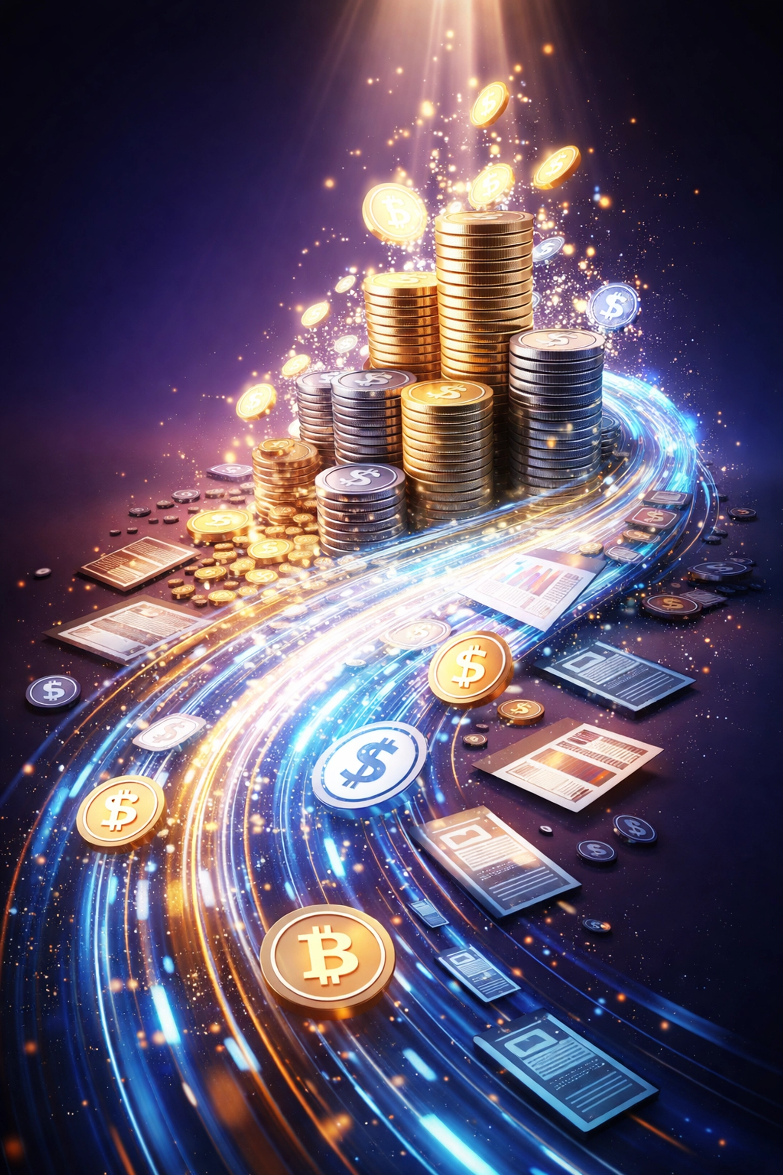 Stacked coins flowing into digital symbols, representing the integration of private credit and digital assets in portfolio construction.