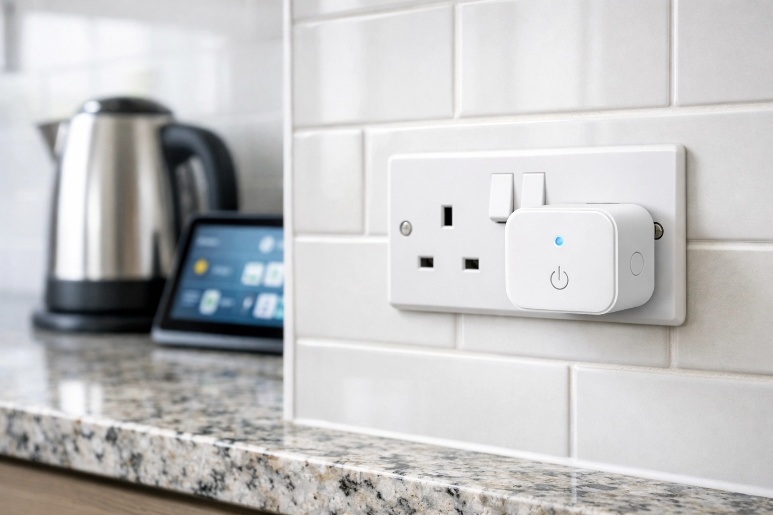 A smart plug in a standard UK three-pin wall socket to automate energy-efficient home appliances.