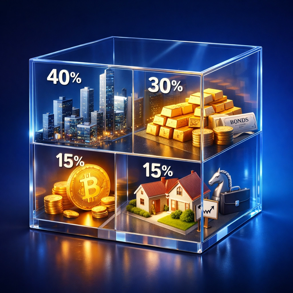 Visual breakdown of 40/30/30 portfolio framework with stocks, bonds, and alternative assets