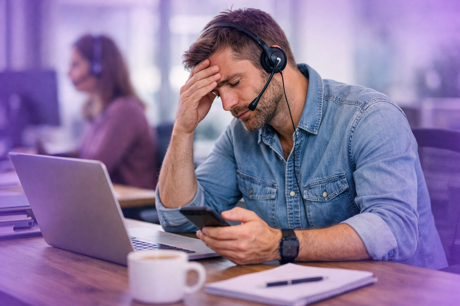 Exhausted sales executive struggling with the grind of manual lead calling in a busy office.
