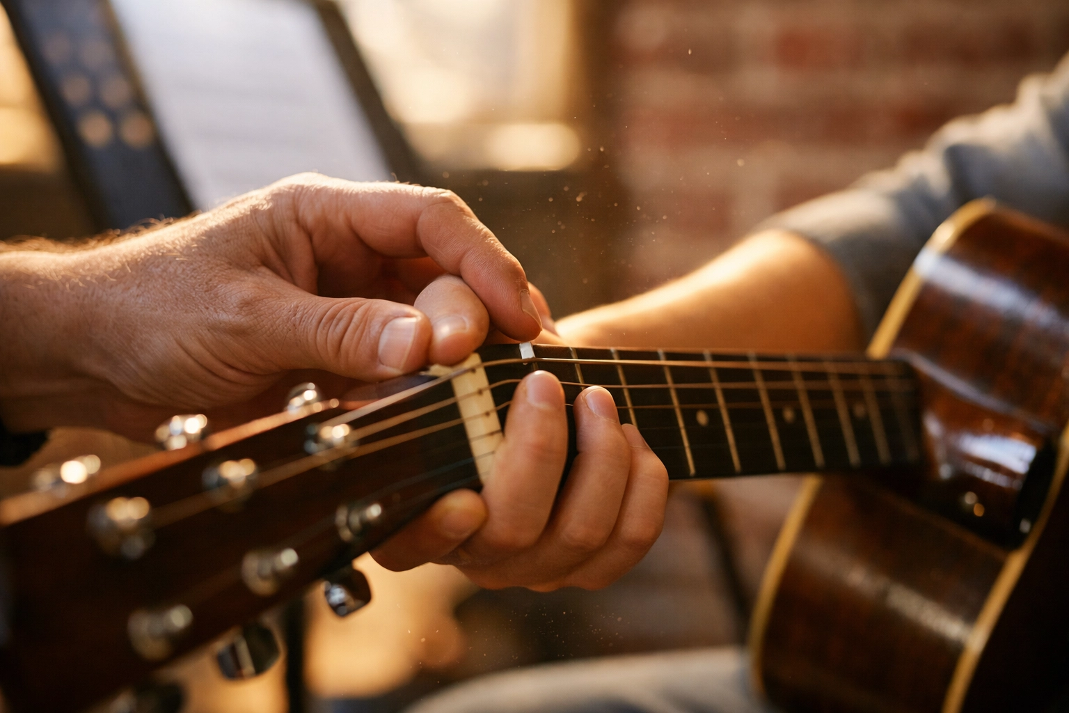 Guitar teacher Tallahassee providing technical correction on a student's finger placement.