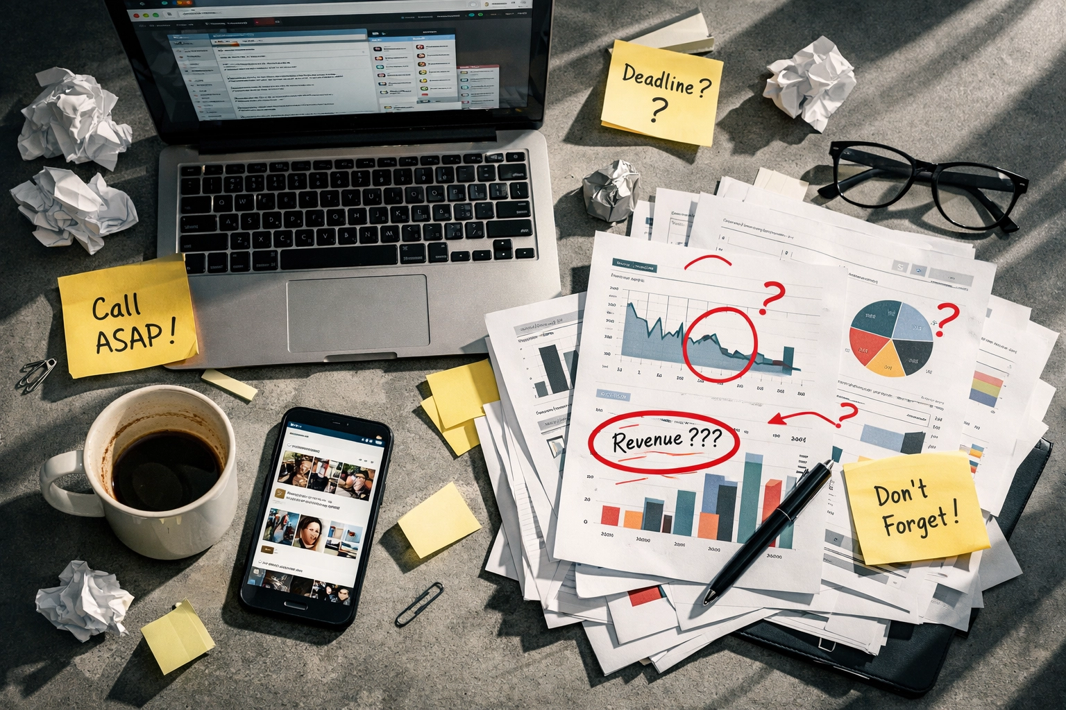 Cluttered desk with scattered social media posts and analytics reports showing disorganized content strategy