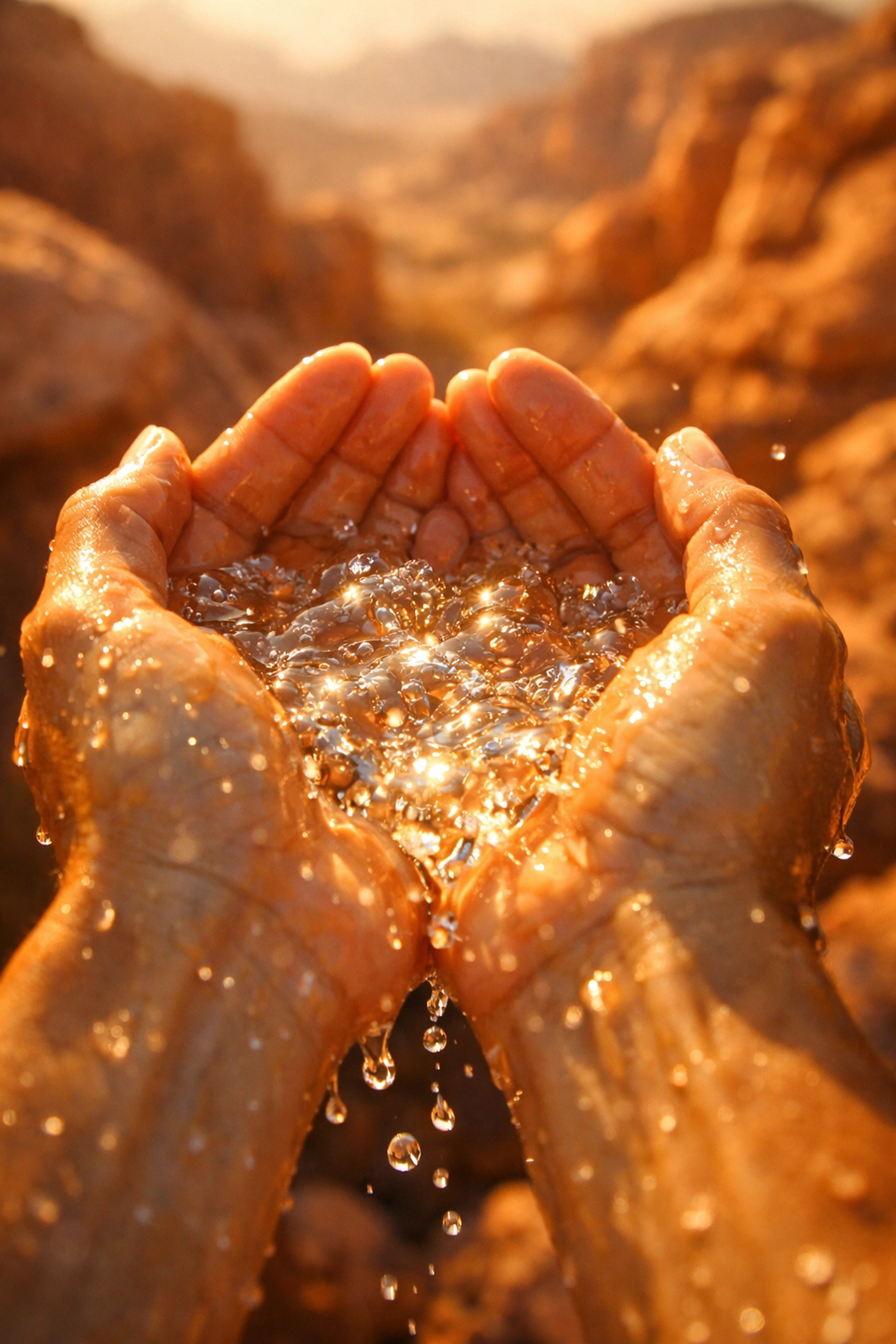 Hands holding fresh water from desert spring during spiritual pilgrimage