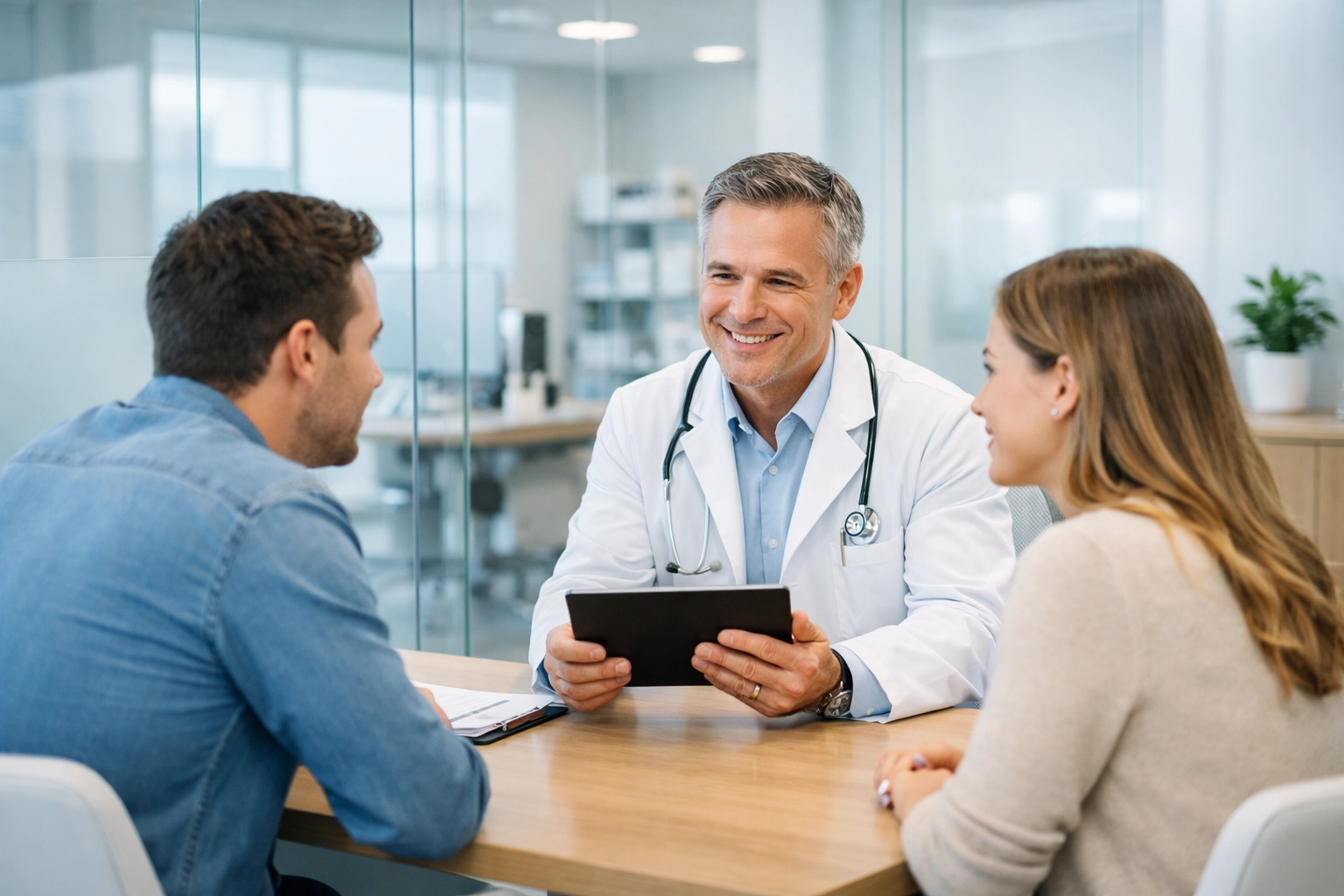 A doctor consults a young couple in a modern clinic, showing how God uses medical wisdom for healing.
