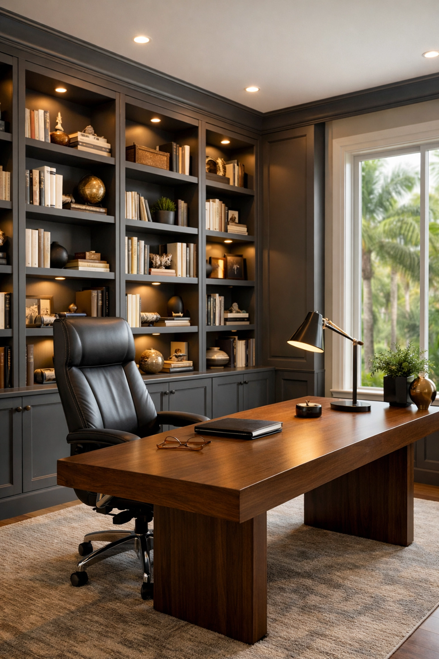 Sophisticated home remodeling Orlando with a high-end office renovation and custom built-in shelving.