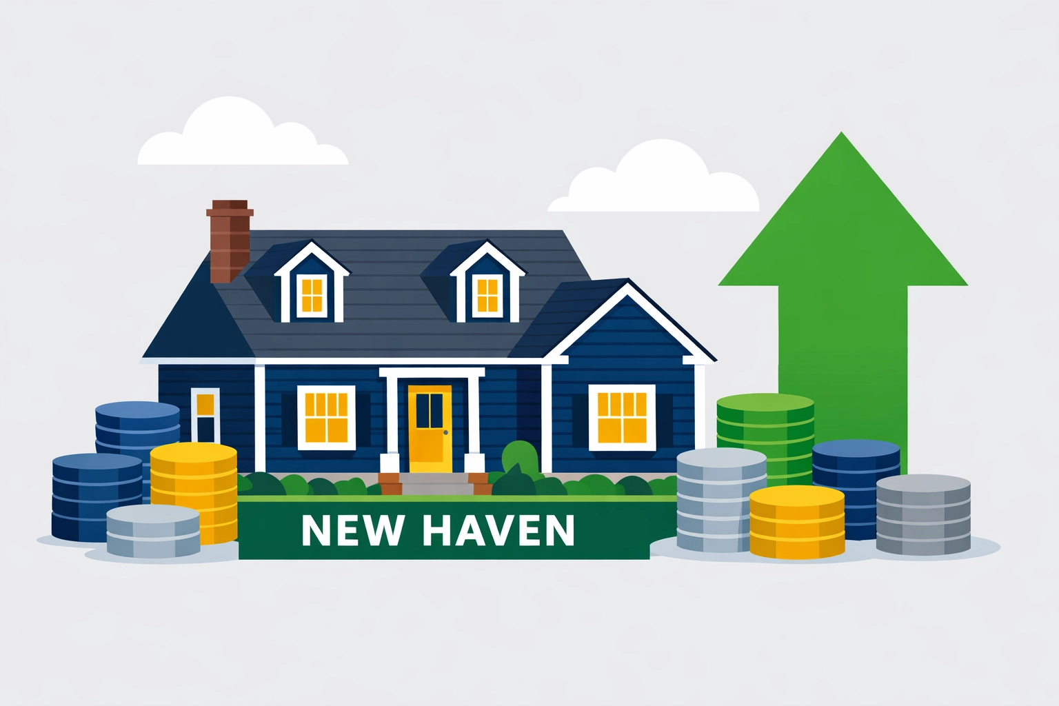 Illustration of a New Haven house with an arrow showing increased SALT deduction limits for higher tax savings.