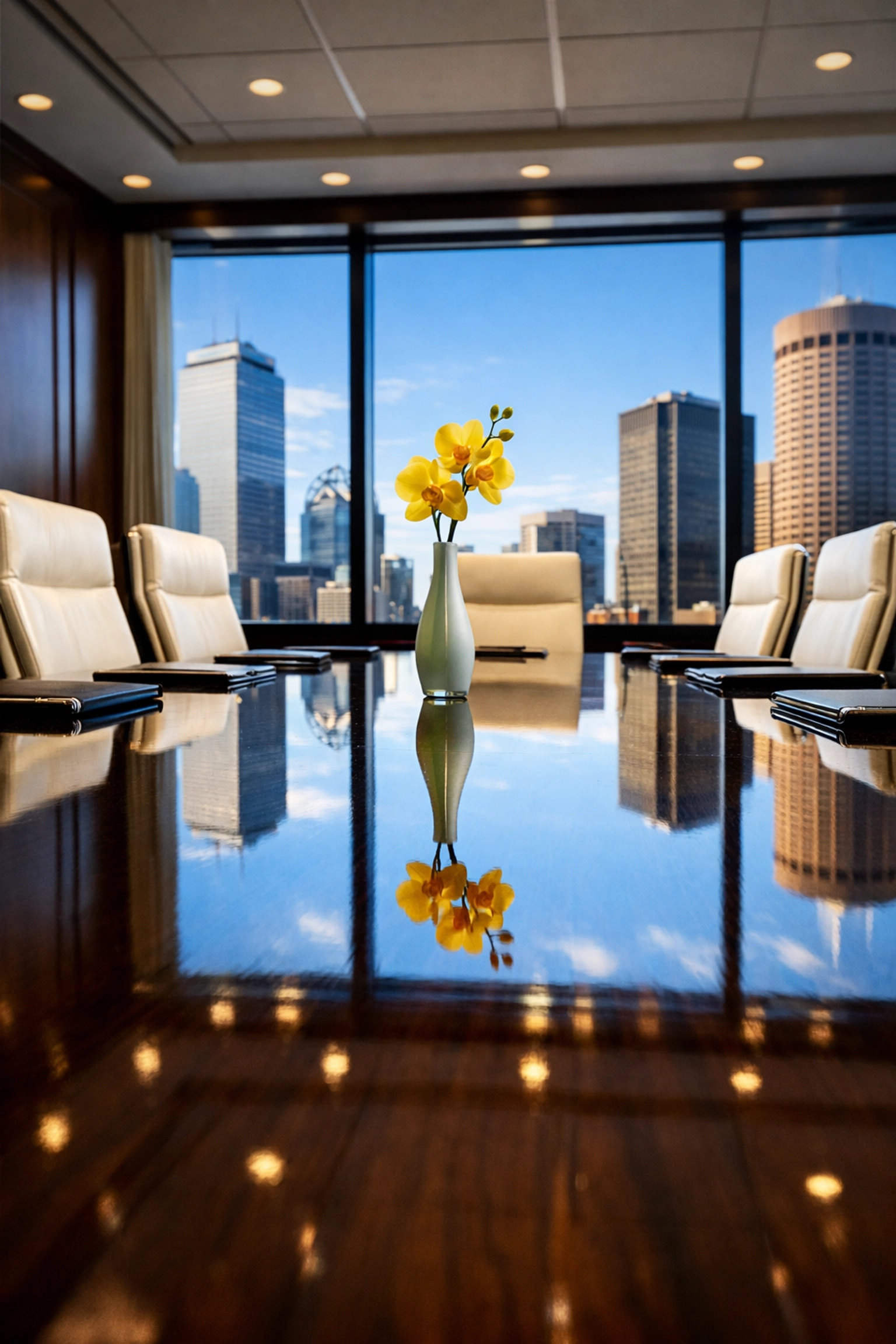 Spotless luxury conference room in the Boston Financial District reflecting expert commercial cleaning standards.