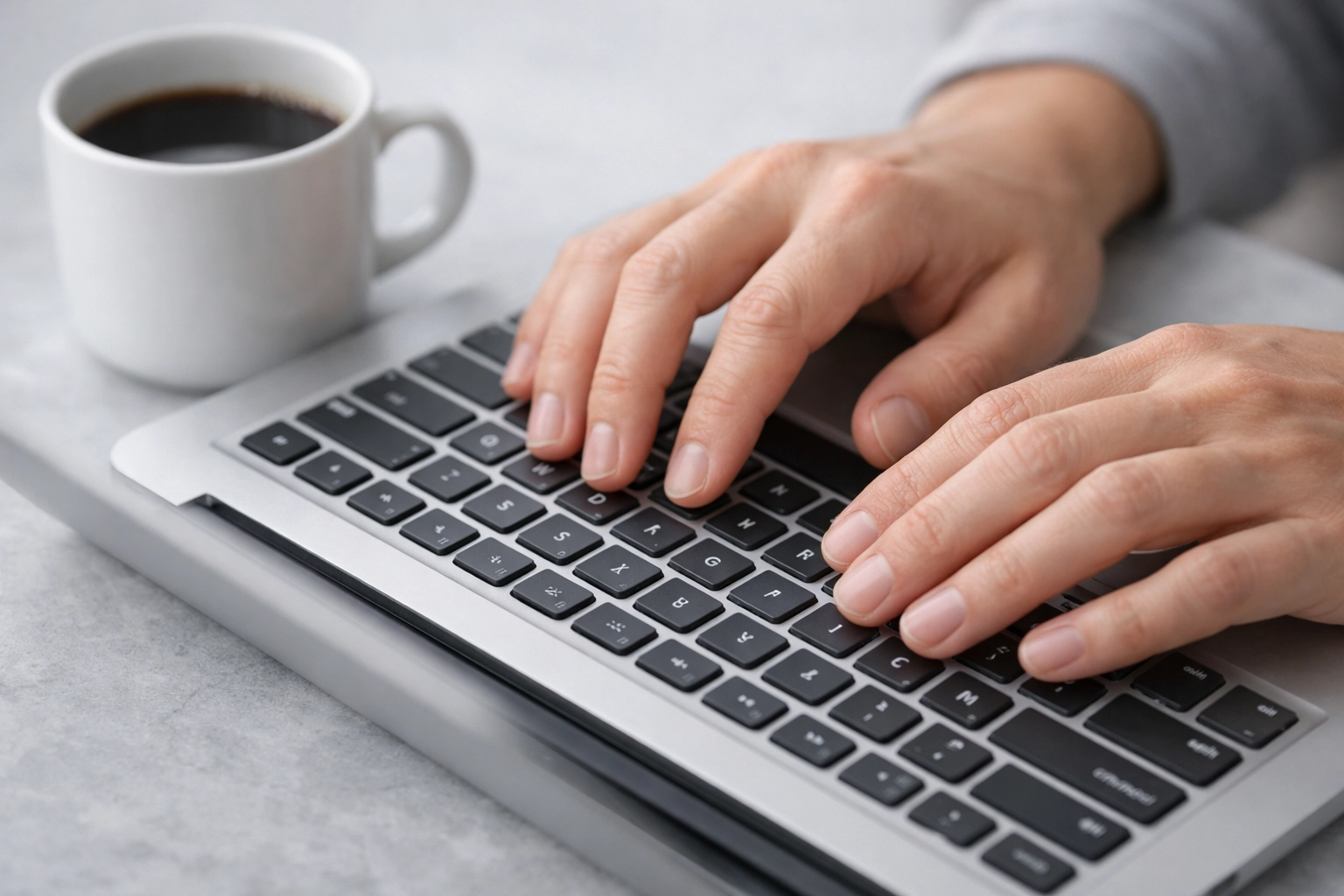 Hands typing on a laptop to test and refine business process automation for a productive, automated workflow.