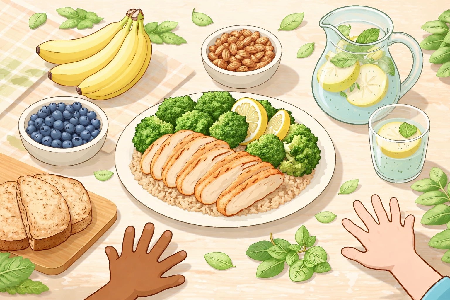 Bladder-friendly foods including bananas, grilled chicken, whole grains, and nuts on a table, children's hands ready to eat healthy snacks.