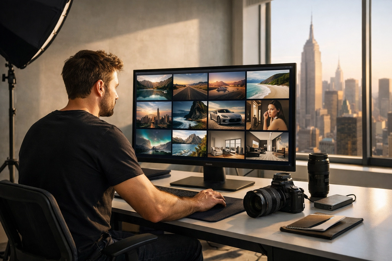 Professional photographer reviewing a high-end portfolio in a modern New York studio.