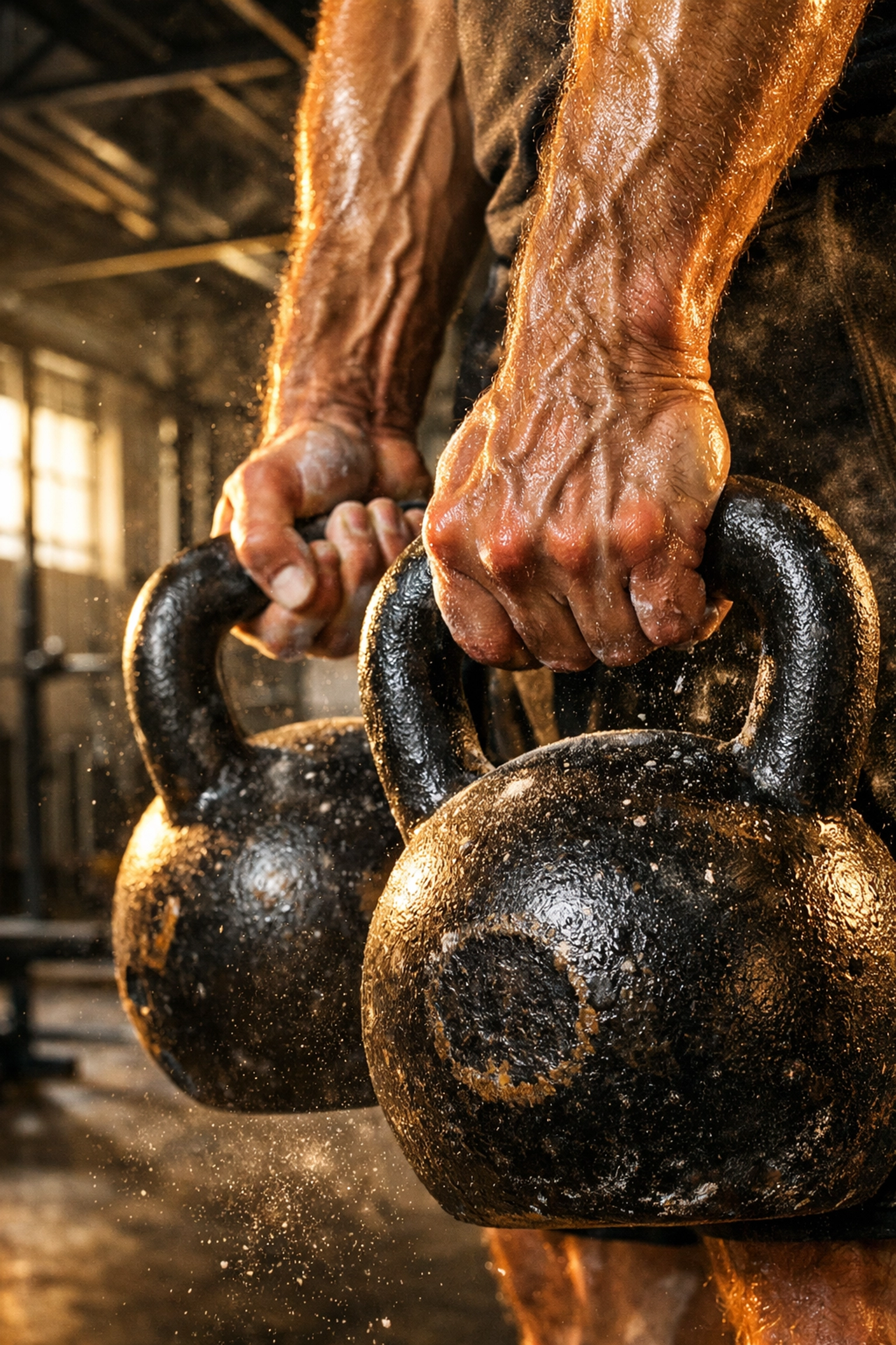 Close-up of hands performing a farmer's carry with kettlebells to build functional grip strength for heart health.