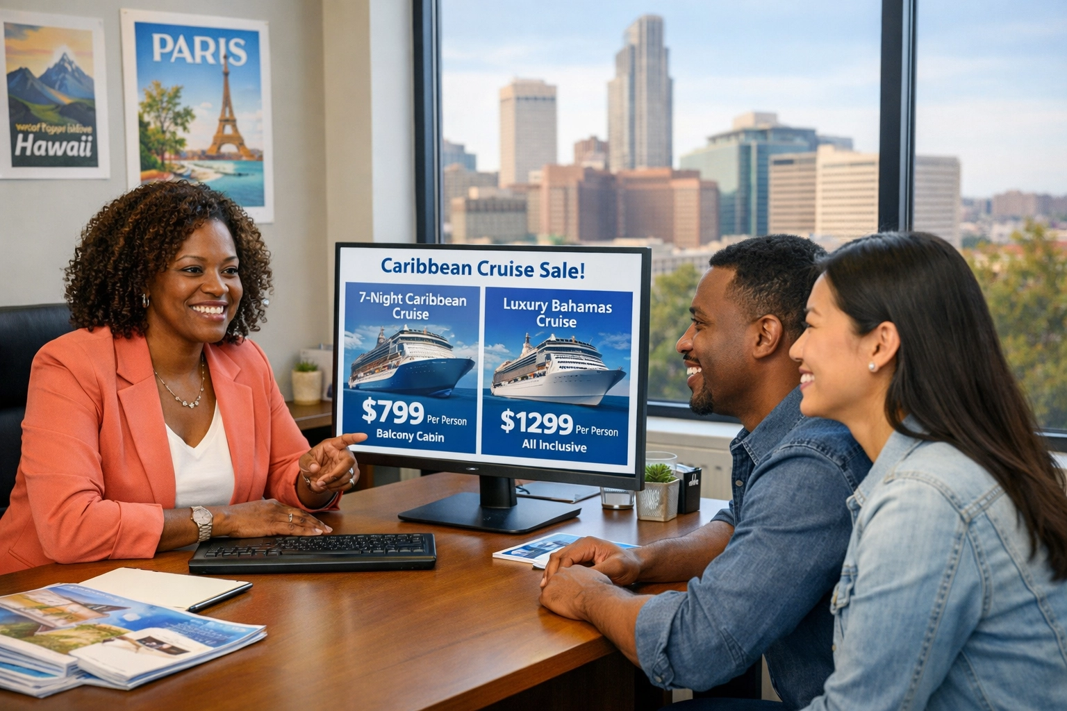 Omaha travel agent consulting with clients on legitimate cruise deals in professional office