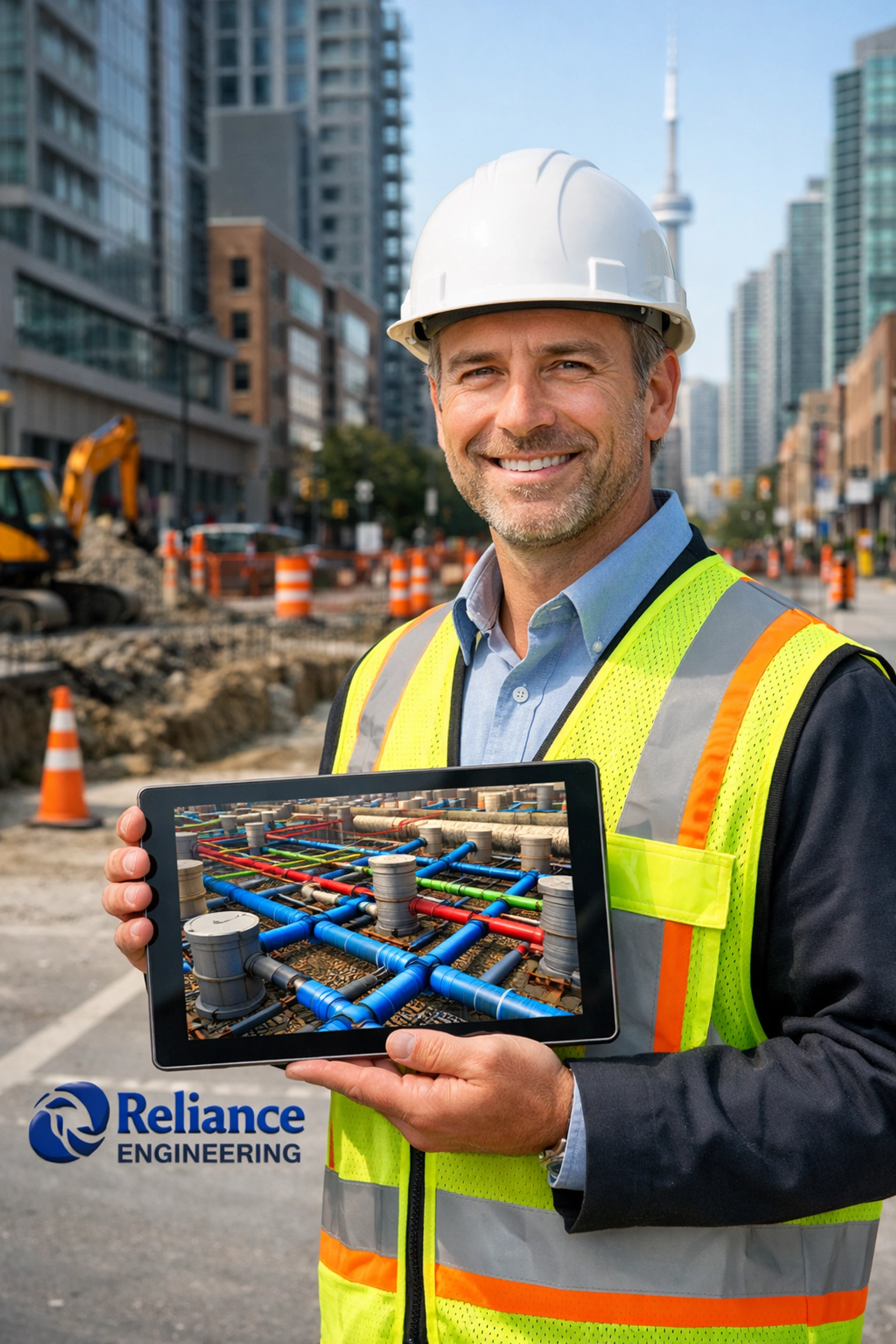 Civil engineer in Ontario using a digital model to manage site servicing and water distribution designs.