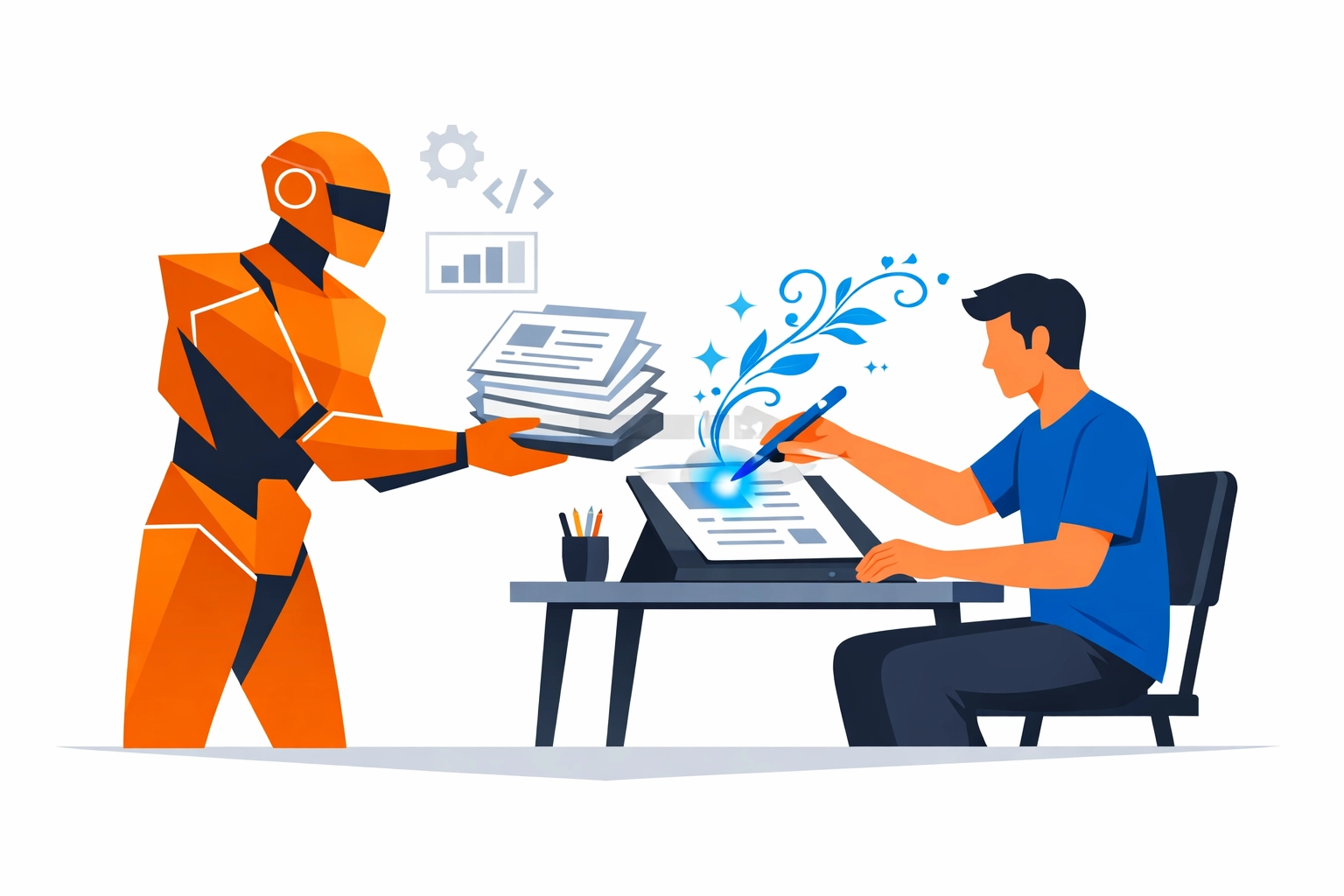 Human designer refining AI-generated content for custom eLearning development to ensure quality.