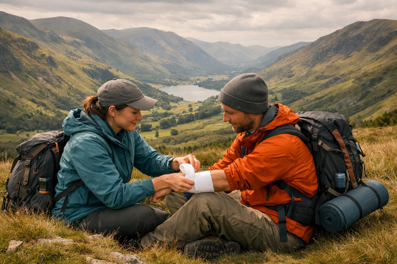 Hikers practicing outdoor survival skills by applying a bandage on a scenic ridge during a wild camping guided UK trip.