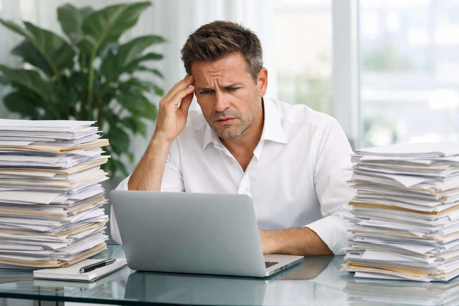 Overwhelmed business owner managing manual bookkeeping and paper invoices at a desk. Overwhelmed business owner managing manual bookkeeping and paper invoices at a desk.