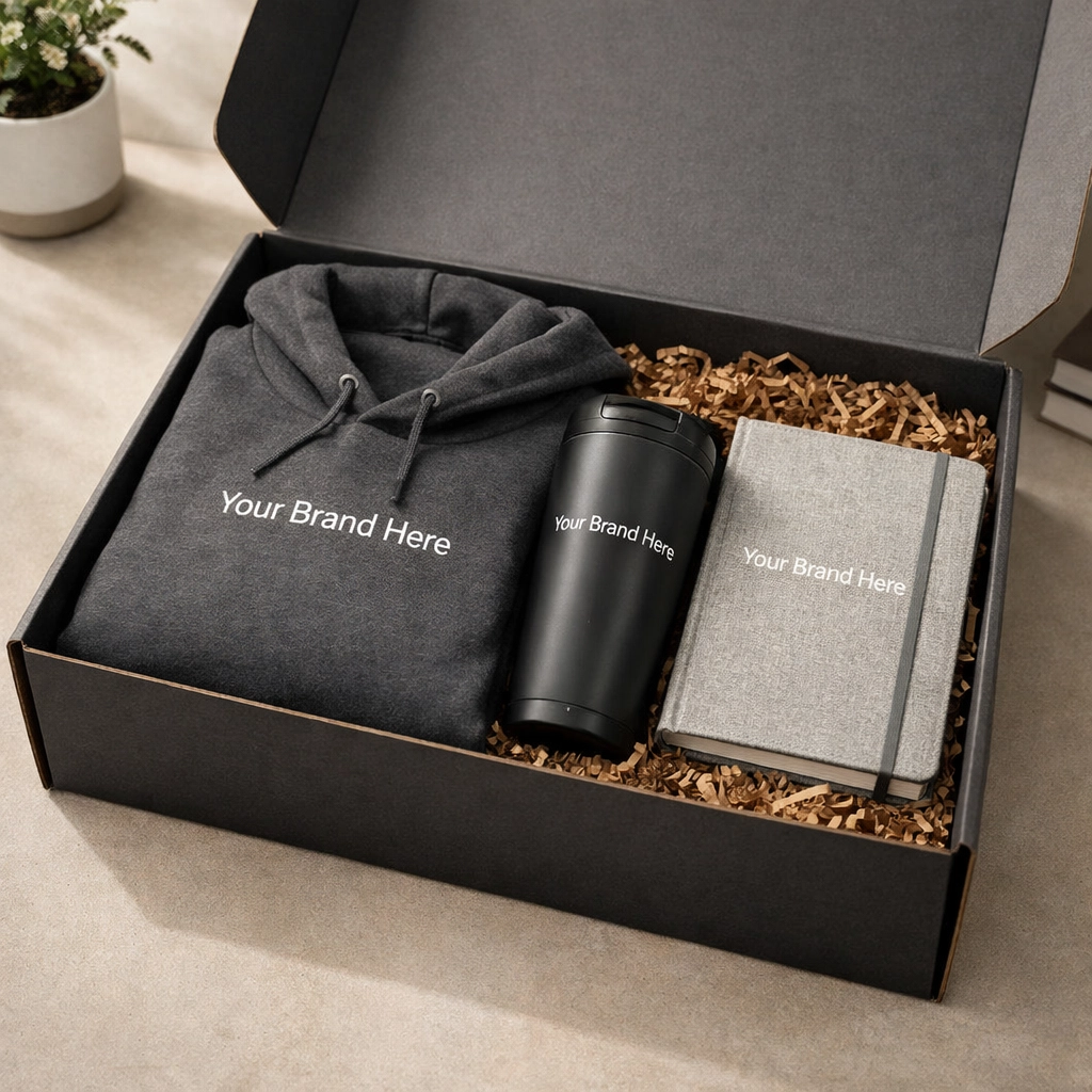 Custom employee onboarding kit featuring a branded hoodie and tumbler for professional corporate gifting.