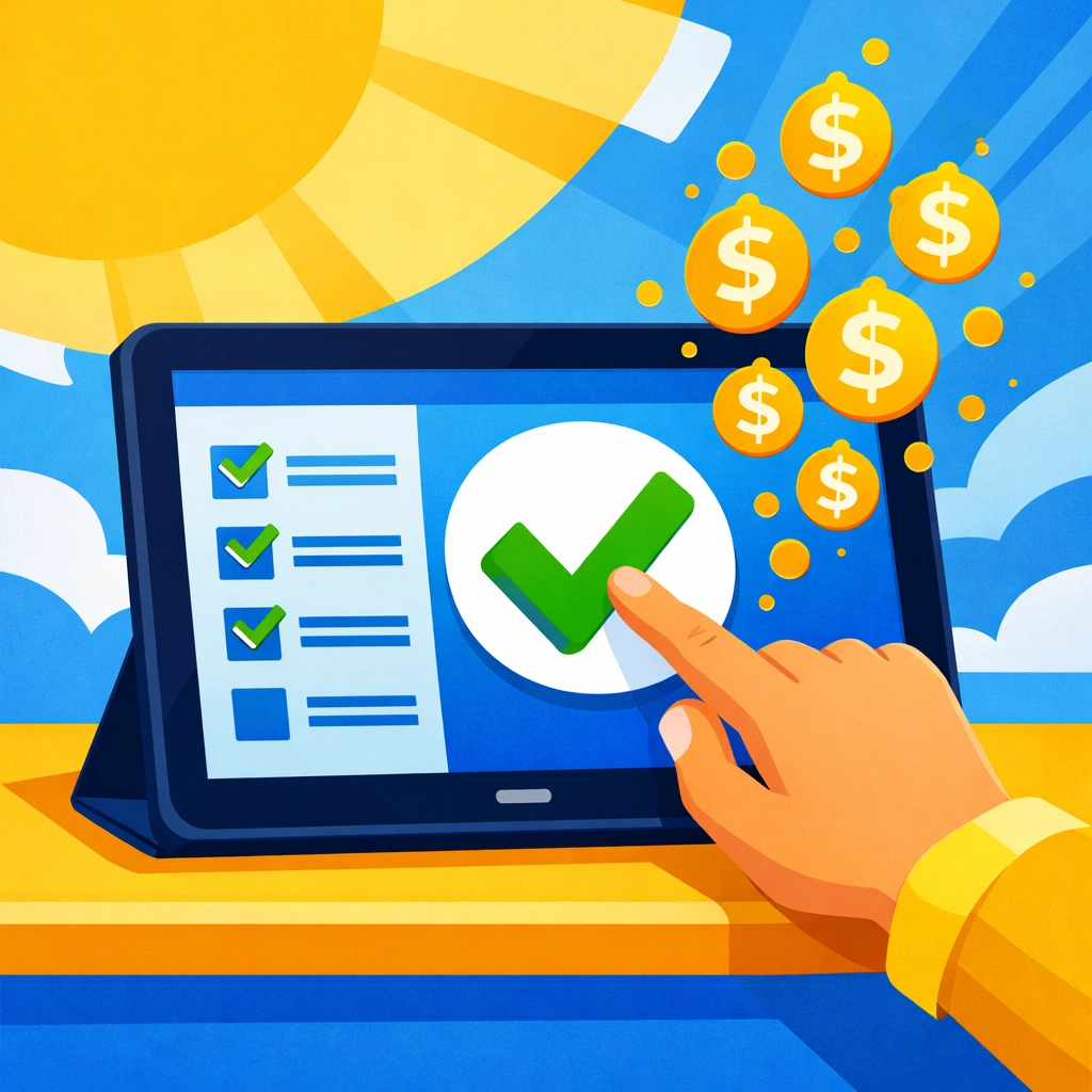 Hand completing a tax checklist on a digital tablet to maximize tax refunds through virtual preparation.