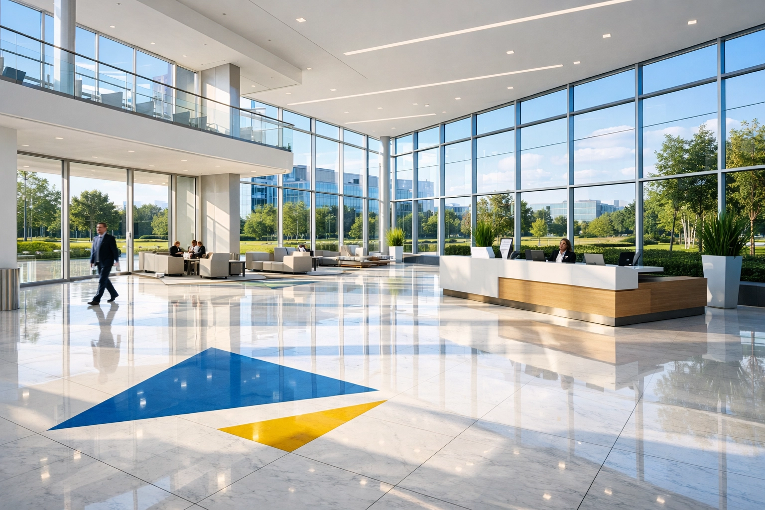 Spotless corporate lobby in a Framingham business hub reflecting professional janitorial excellence.