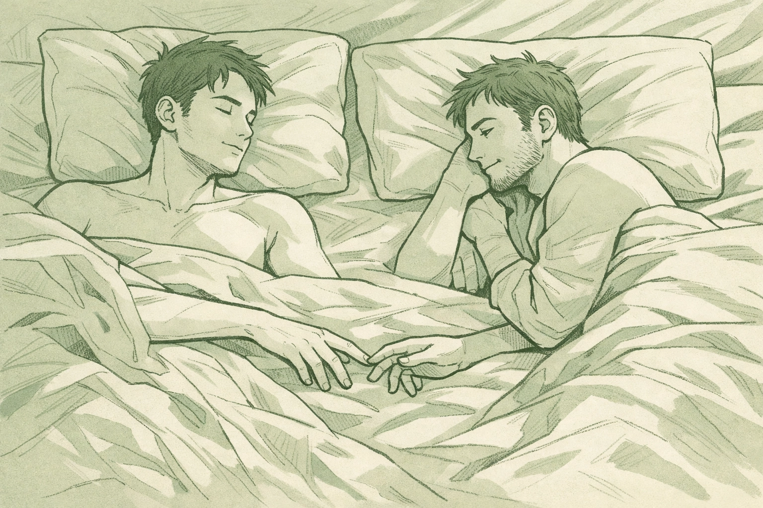 Two men in bed morning after scene representing authentic bisexual connection and emotional intimacy