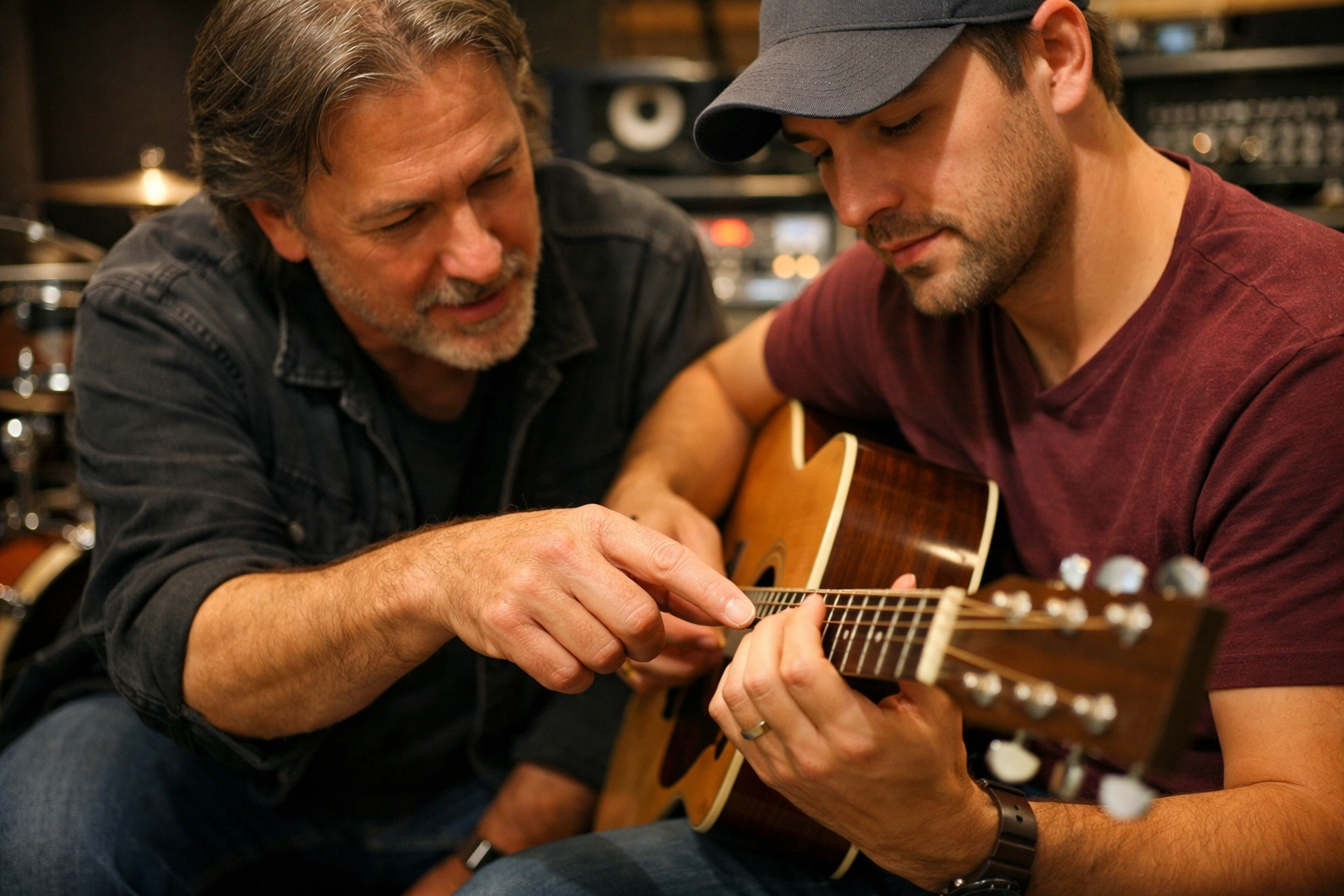 In-person guitar lessons Tallahassee with an instructor correcting student finger technique.