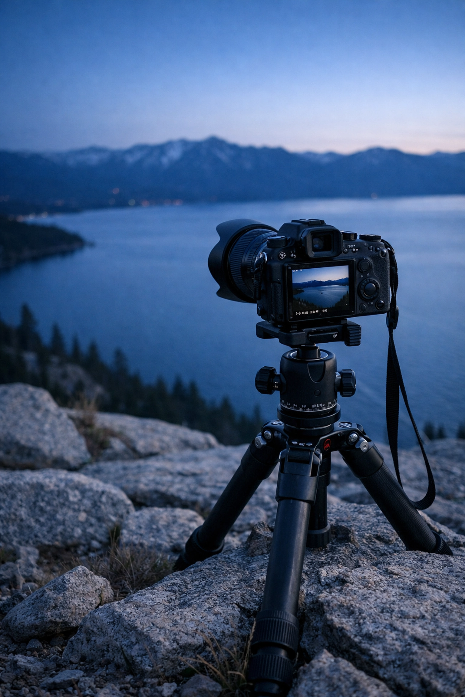 Professional camera setup on a tripod during blue hour at a Lake Tahoe scenic overlook for landscape photography.
