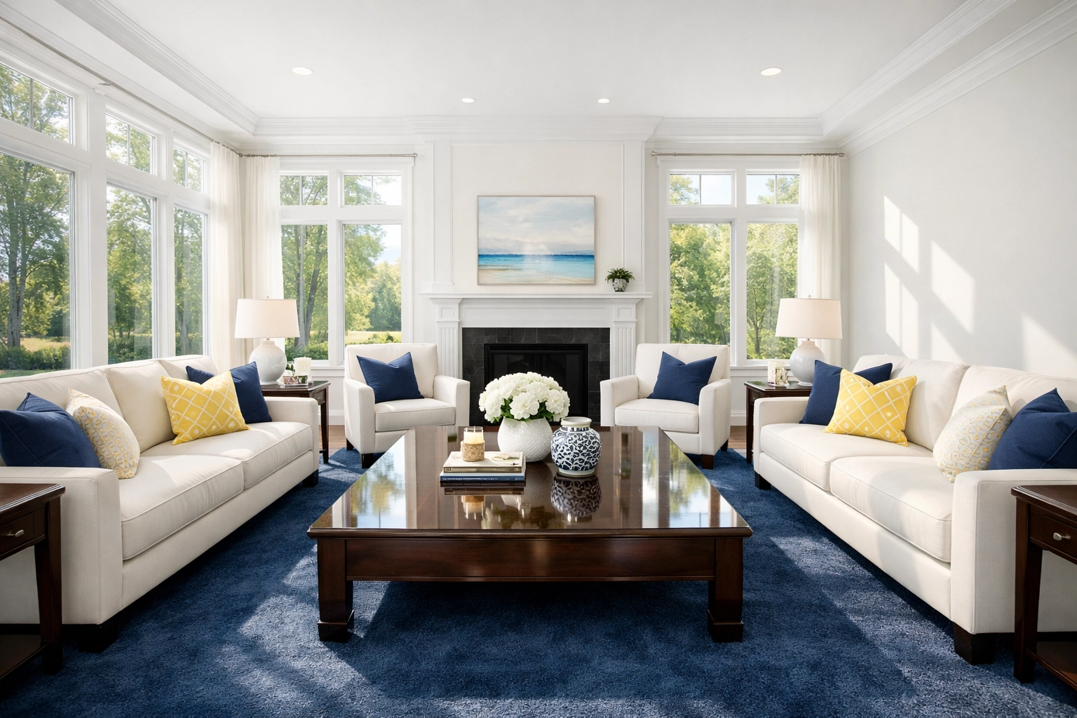 Pristine, sun-drenched living room in Franklin, Massachusetts, showing professional house cleaning results.