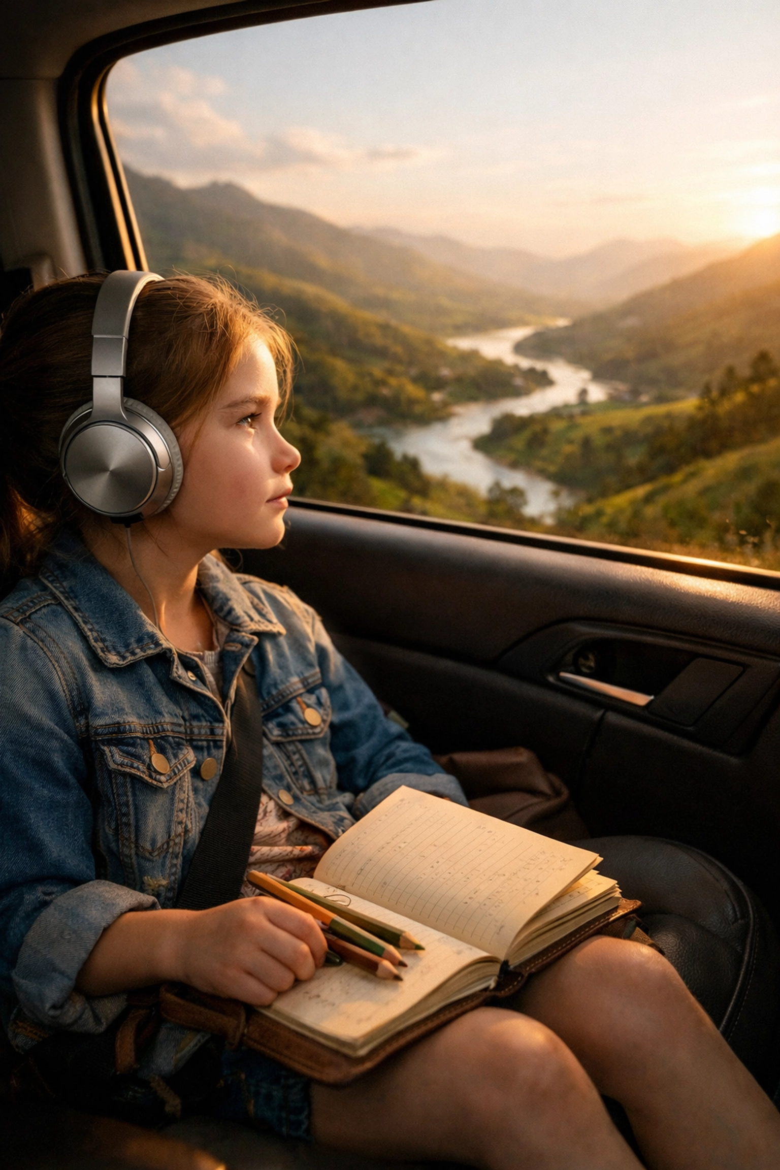 A girl uses headphones and a travel journal during a road trip to stay engaged without screens.