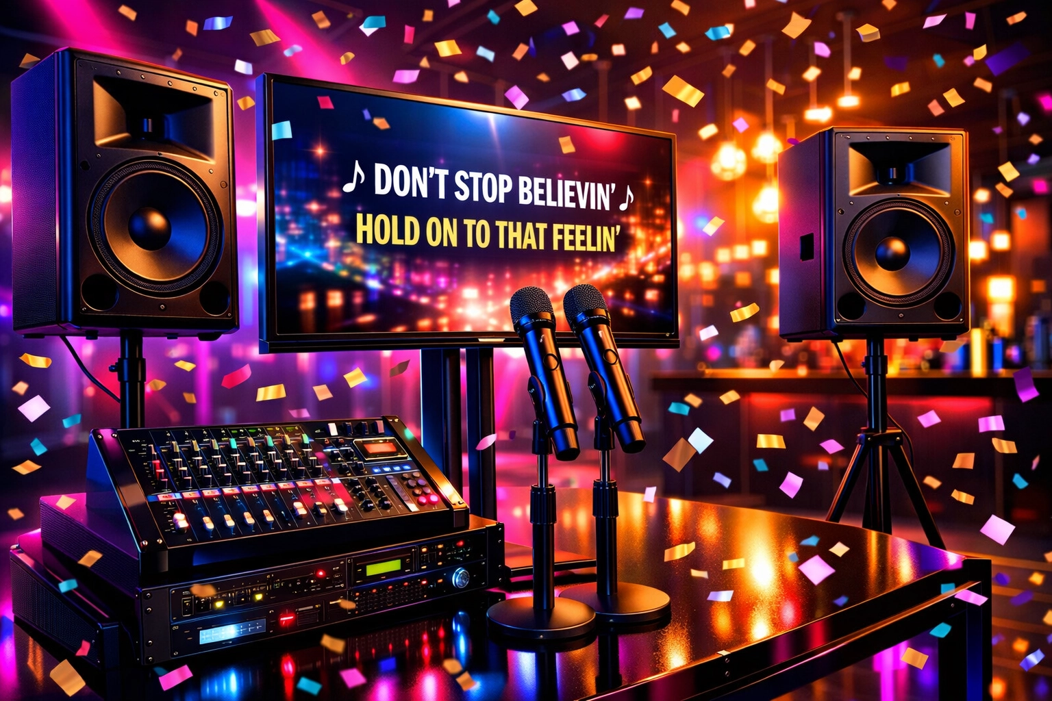 Professional karaoke equipment rental setup with speakers and screen