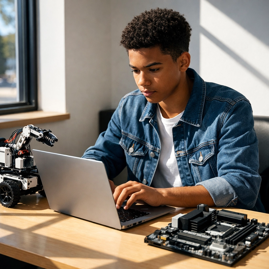 A high school student explores robotics and tech potential in a modern, sun-drenched workspace.