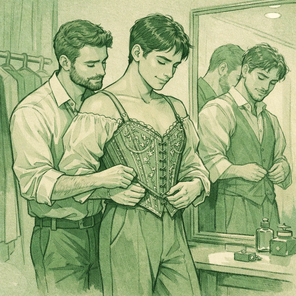 Gay couple preparing gender-nonconforming formal wear together in dressing room