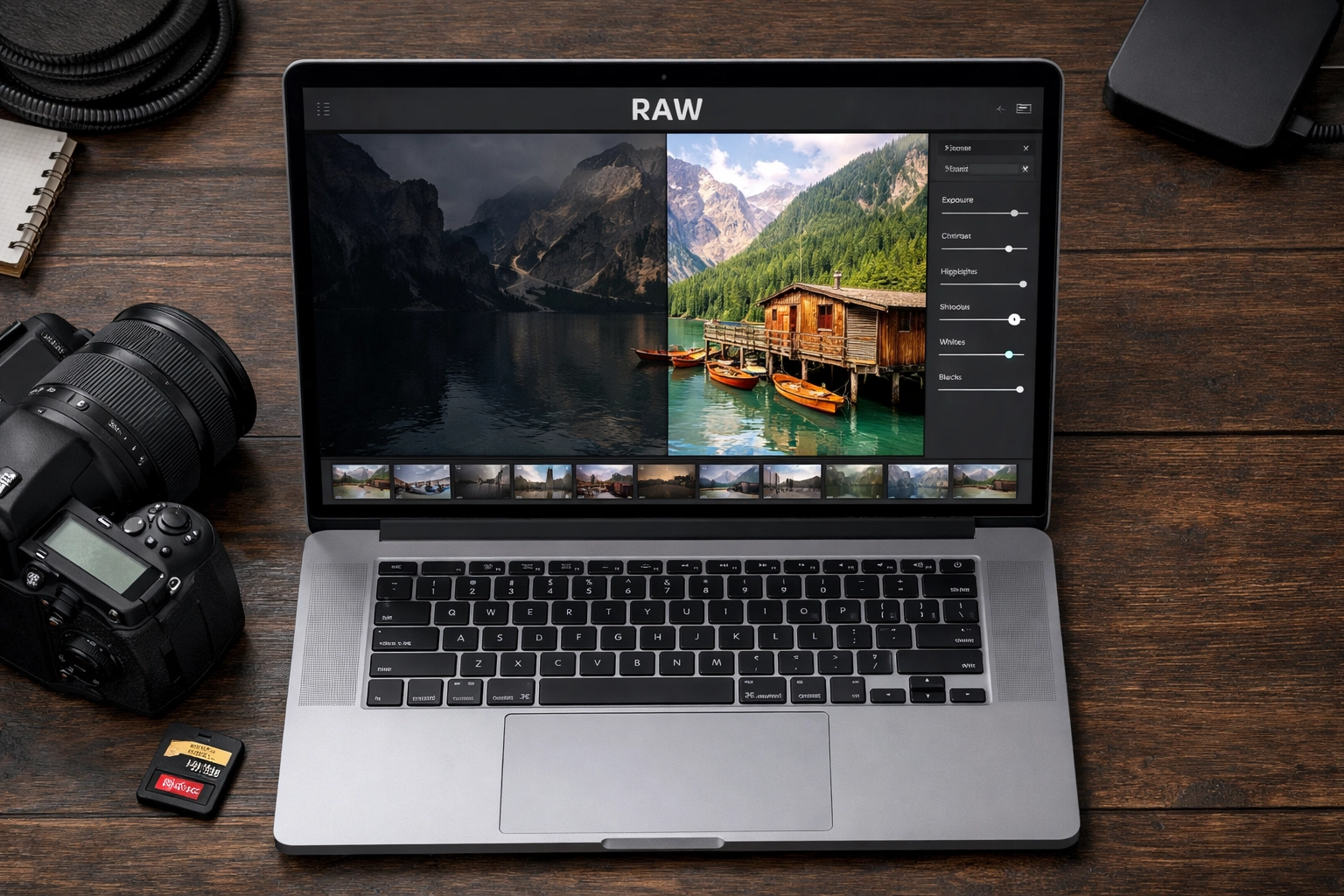 Professional workspace showing RAW photo editing to correct manual mode mistakes in light and exposure.